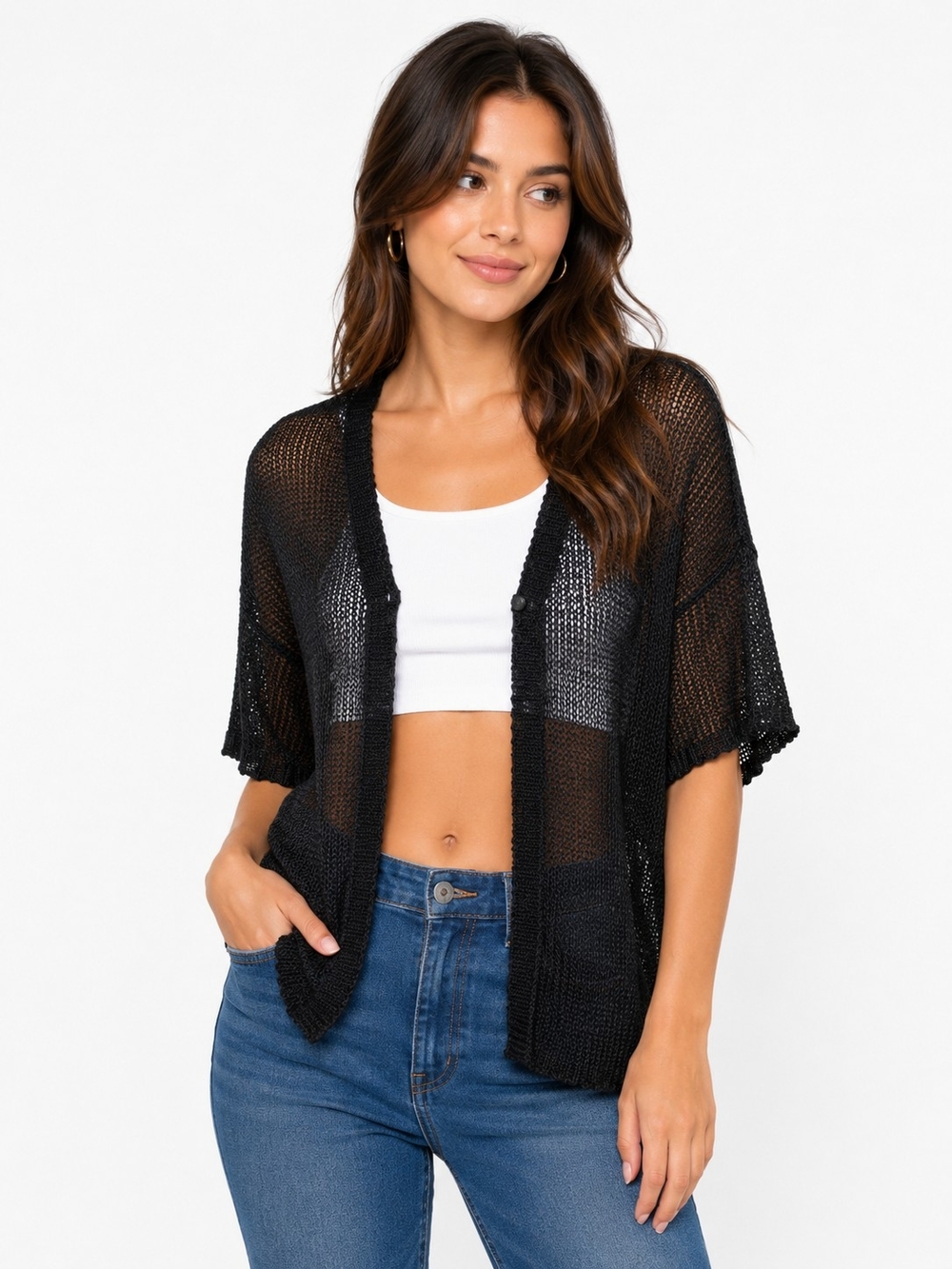 Sag Harbor Black Open Weave Short-Sleeve Shrug